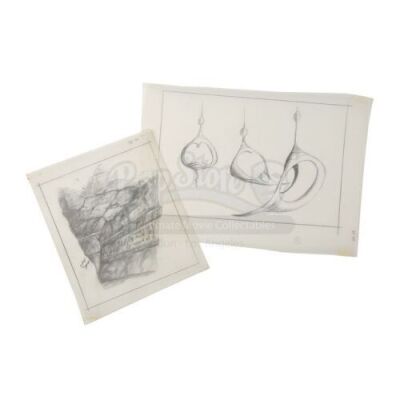 Lot # 45 - DARK CRYSTAL, THE - Hand-Drawn Harry Lange Concept Artwork - Passageway and Pendants