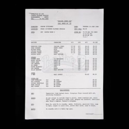 Lot # 98 - INDIANA JONES AND THE LAST CRUSADE - Call Sheet No. 23
