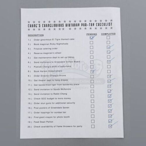 Lot # 61 - S3E20 - "The First Chang Dynasty": Chang's (as portrayed by Ken Jeong) Marked "Changlorious Birthday Par-Tay" Checklists