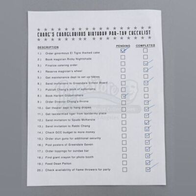 Lot # 61 - S3E20 - "The First Chang Dynasty": Chang's (as portrayed by Ken Jeong) Marked "Changlorious Birthday Par-Tay" Checklists