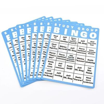 Lot # 94 - S4E09 - "Intro To Felt Surrogacy": Eight Study Group Bingo Cards