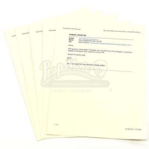 Lot # 182 - S6E03 - "Basic Crisis Room Decorum": Five Annie (as portrayed by Alison Brie) Warning Emails