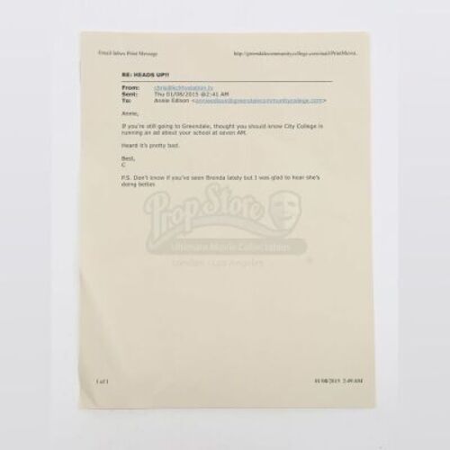 Lot # 216 - S6E03 - "Basic Crisis Room Decorum": Annie (as portrayed by Alison Brie) Warning Email