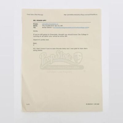 Lot # 216 - S6E03 - "Basic Crisis Room Decorum": Annie (as portrayed by Alison Brie) Warning Email