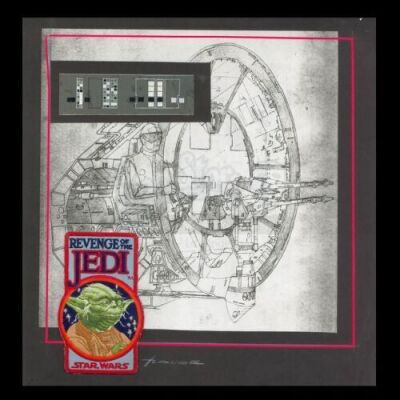 Lot # 11 - Harry Lange Auction - Display Composite of Revenge of the Jedi Patch, Instrumentation Acrylic Panel Design and Gun Port Print - Signed by Harry Lange