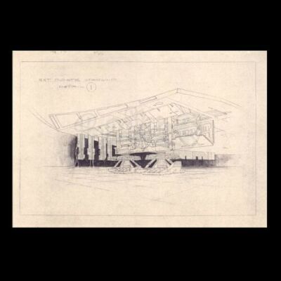 Lot # 38 - Harry Lange Auction - Print of Pirate Star Ship Exterior Showing Underside, Undercarriage and Refuelling Pumps