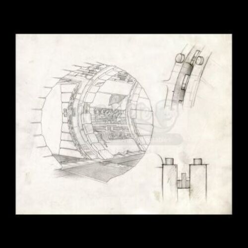 Lot # 48 - Harry Lange Auction - Hand-Drawn Detail of Millennium Falcon Corridor with Door Frame Mechanism