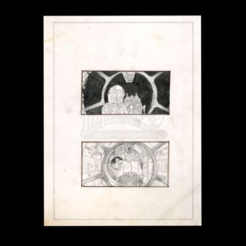 Lot # 60 - Harry Lange Auction - Two Hand-Drawn Scenes of The Millennium Falcon Gun Port