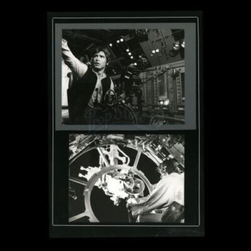 Lot # 62 - Harry Lange Auction - Two Mounted Black and White Production Stills of Han Solo (Harrison Ford) and Luke Skywalker (Mark Hamill) in Gun Port - Signed by Harry Lange