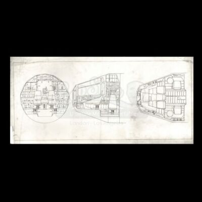 Lot # 67 - Harry Lange Auction - Hand-Drawn Front, Side and Plan Views of Millennium Falcon Cockpit Interior