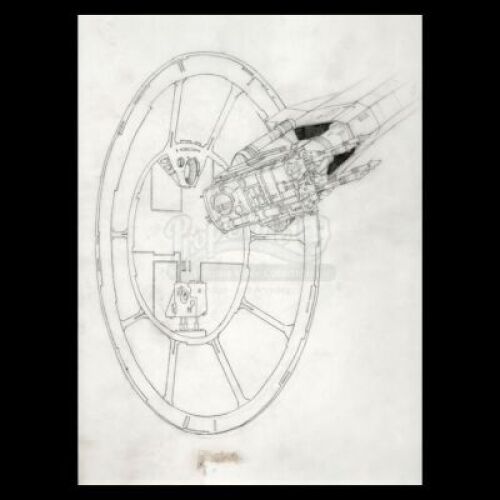 Lot # 17 - Harry Lange Auction - Hand-Drawn Exterior View of Millennium Falcon Gun Port with Laser Cannon
