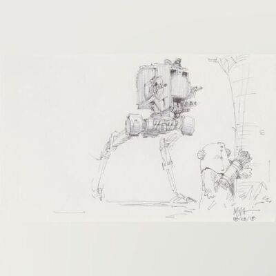 Lot # 29: AT-ST Chicken Walker Sketch - with Ewok