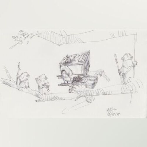 Lot # 42: AT-ST Chicken Walker Sketch - Ewoks observe