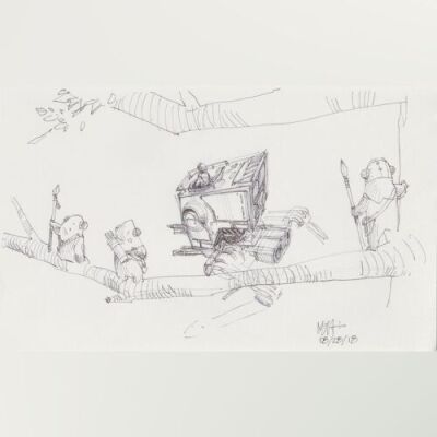 Lot # 42: AT-ST Chicken Walker Sketch - Ewoks observe