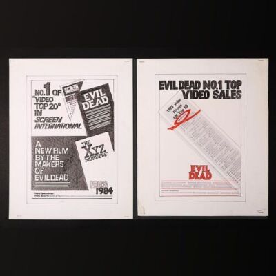 Lot #294 - THE EVIL DEAD (1981) AND THE XYZ MURDERS AKA CRIMEWAVE (1985) - US Original Concept Trade Ad Artworks c 1983-84