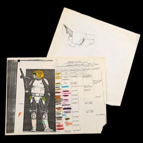 STAR WARS - EP VI - RETURN OF THE JEDI (1983) - Hand-Drawn Biker Scout Helmet Sketch and Coloured Costume Reference Sheet