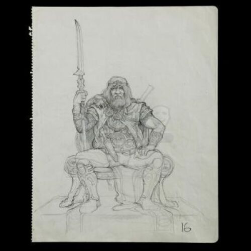 Lot #208 - CONAN THE BARBARIAN (1982) - Hand-drawn Ron Cobb Sitting Conan Concept Sketch