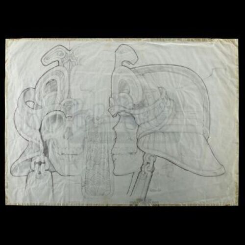Lot #212 - CONAN THE BARBARIAN (1982) - Hand-drawn Ron Cobb Tomb of the Atlantean General Skull and Headdress Oversize Concept Sketch