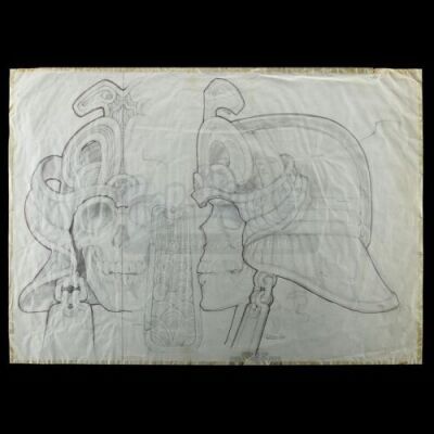 Lot #212 - CONAN THE BARBARIAN (1982) - Hand-drawn Ron Cobb Tomb of the Atlantean General Skull and Headdress Oversize Concept Sketch