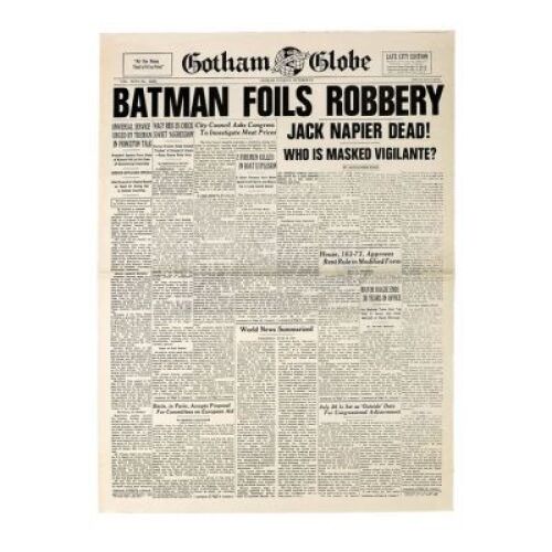 Lot #100 - BATMAN (1989) - Gotham Globe "Batman Foils Robbery - Jack Napier Dead" Newspaper