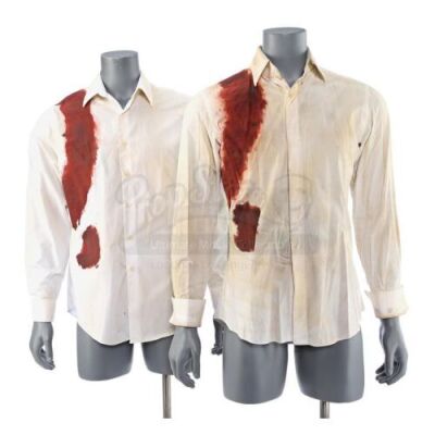 Lot # 185: JOHN WICK: CHAPTER 3 - PARABELLUM - Two John Wick Stunt Distressed Sahara Desert Button Up Shirts