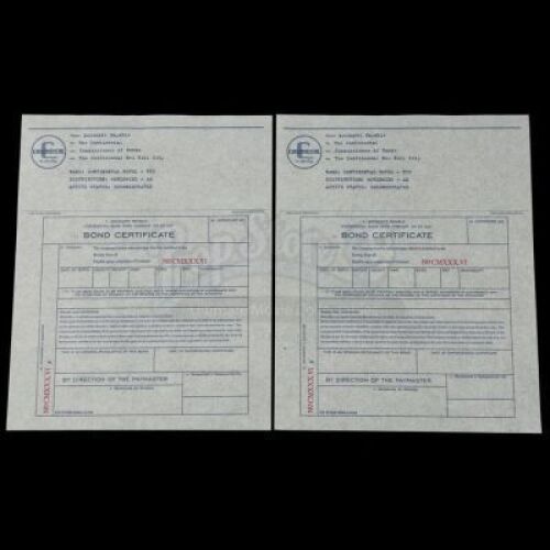 Lot # 297: JOHN WICK: CHAPTER 3 - PARABELLUM - Two Blue Ink Continental Hotel Deconsecrated Bond Certificates