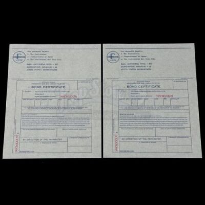 Lot # 304: JOHN WICK: CHAPTER 3 - PARABELLUM - Two Blue Ink Continental Hotel Deconsecrated Bond Certificates