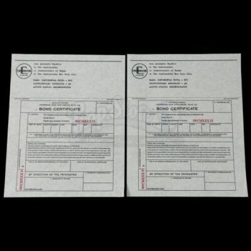 Lot # 361: JOHN WICK: CHAPTER 3 - PARABELLUM - Two Black Ink Continental Hotel Deconsecrated Bond Certificates