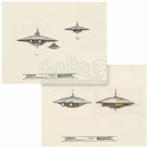Lot #123 - BATTERIES NOT INCLUDED (1987) - Pair of Hand-drawn Ralph McQuarrie "Pop" Spaceship Illustration Sheets