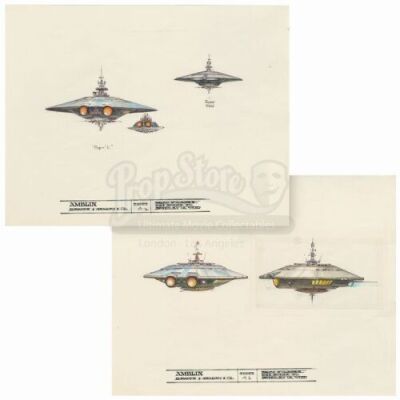 Lot #123 - BATTERIES NOT INCLUDED (1987) - Pair of Hand-drawn Ralph McQuarrie "Pop" Spaceship Illustration Sheets