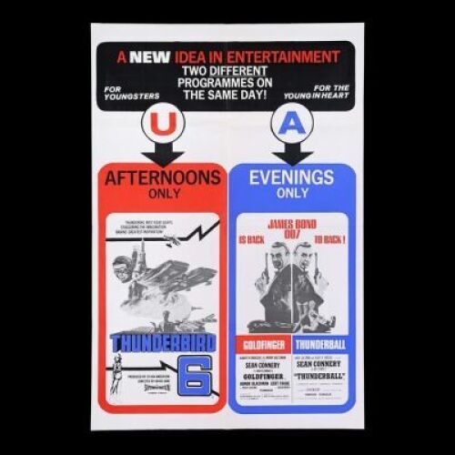 Lot #33 - GOLDFINGER (1964) / THUNDERBALL (1965) / THUNDERBIRD 6 (1968) - UK Double Crown Poster, 1968 Re-Release