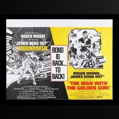 Lot #114 - MOONRAKER (1979) / THE MAN WITH THE GOLDEN GUN (1974) - UK Quad Double-Bill Poster, 1980 Re-Release
