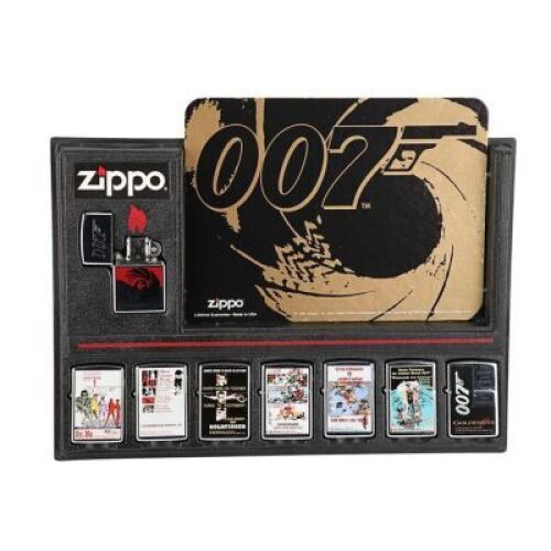 Lot #200 - VARIOUS PRODUCTIONS (1962-95) - Eight Zippo James Bond Lighters and Display, 1995