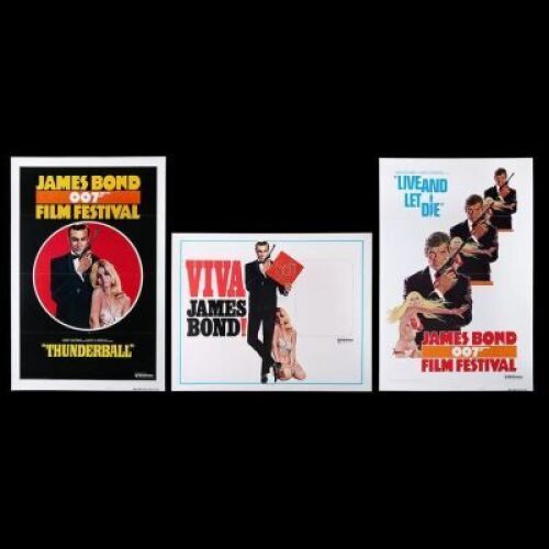 Lot #343 - VIVA JAMES BOND! (1970) / THUNDERBALL (1965) / LIVE AND LET DIE (1973) - Three James Bond Film Festival Posters, 1970-76
