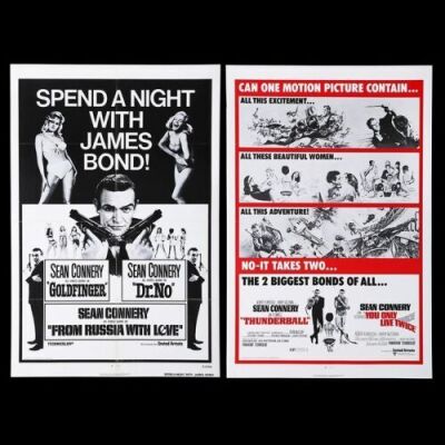 Lot #303 - THUNDERBALL (1965) / YOU ONLY LIVE TWICE (1967) AND GOLDFINGER (1964) / DR. NO (1962) / FROM RUSSIA WITH LOVE (1963) - Two US One-Sheet Posters, 1971-72 Re-Releases