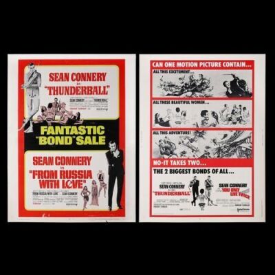 Lot #304 - THUNDERBALL (1965) / FROM RUSSIA WITH LOVE (1963) AND THUNDERBALL (1965) / YOU ONLY LIVE TWICE (1967) - Two US 30x40 Posters, 1968-70 Re-Releases
