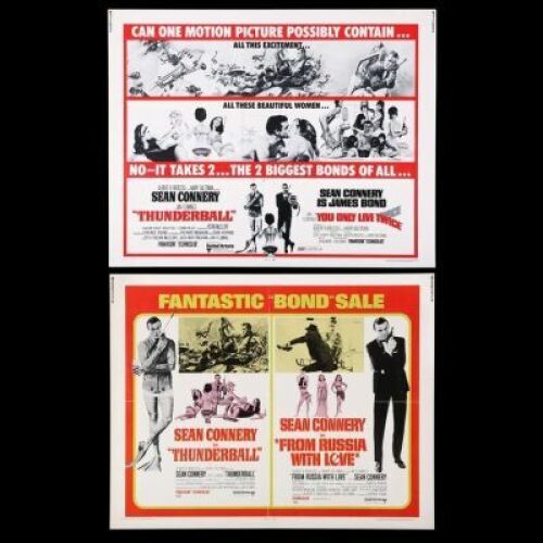 Lot #305 - THUNDERBALL (1965) / FROM RUSSIA WITH LOVE (1963) AND THUNDERBALL (1965) / YOU ONLY LIVE TWICE (1967) - Two US Half-Sheet Posters, 1968-71 Re-Releases