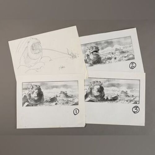 STAR WARS: EPISODE VI - RETURN OF THE JEDI - Hand-Drawn Rock Wart Alien Sketch with Printed Storyboards