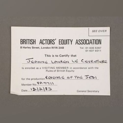 STAR WARS: EPISODE VI - RETURN OF THE JEDI - British Actor's Equity Card