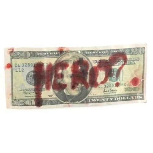 Lot # 321: MARVEL'S JESSICA JONES (TV SERIES) - Gregory Sallinger's Bloodied 'Hero/Fraud' Bill