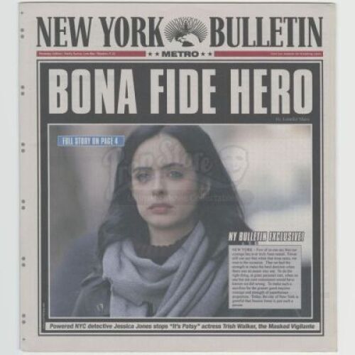 Lot # 418: MARVEL'S JESSICA JONES (TV SERIES) - Jessica Jones' 'Bona Fide Hero' Newspaper