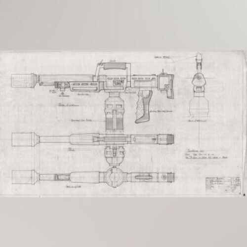 Lot # 102 - Alien & Aliens Collection Auction - Flamethrower Side and Overhead Elevation with Detailing Original Hand Drawn Production Design Artwork