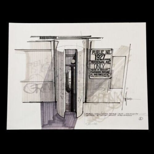 BLADE RUNNER (1982) - Signed Syd Mead Hand-Drawn Kiosk 'Proximity Sensor' Concept Artwork