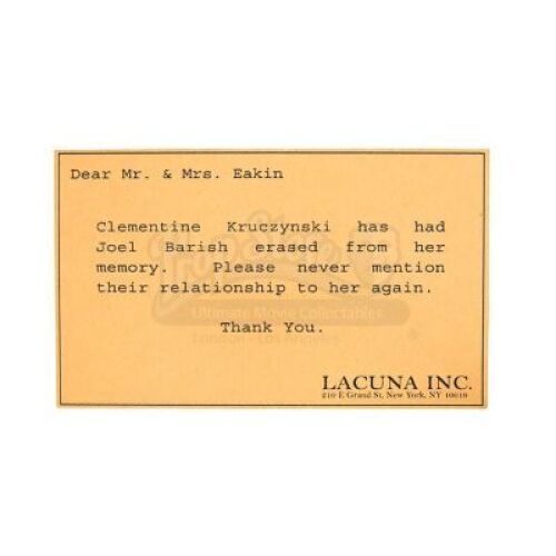 Lot #62 - Eternal Sunshine Of The Spotless Mind - Clementine's (Kate Winslet) Mind Erase Notice Card