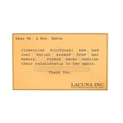 Lot #62 - Eternal Sunshine Of The Spotless Mind - Clementine's (Kate Winslet) Mind Erase Notice Card