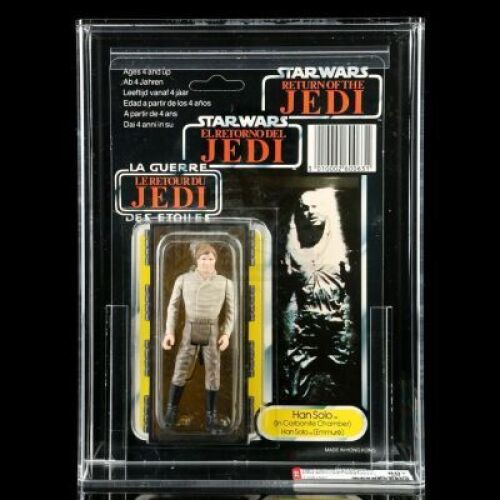 Lot # 67: UK Tri-Logo Han Solo (In Carbonite Chamber) ROTJ79B AFA 80+