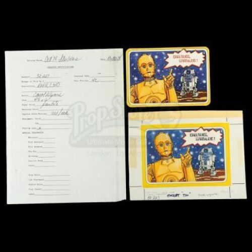 Lot # 157: Hand-Painted C-3PO and R2-D2 Original Postcard Artwork with Development Notes