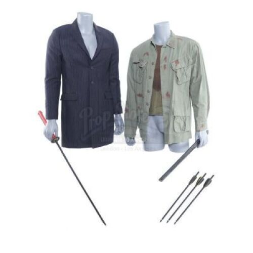 Lot # 86: Marvel's Daredevil (TV Series) - Stick's Bloodied Costume Components and Weaponry with Nobu Yoshioka's Stunt Overcoat and Katana