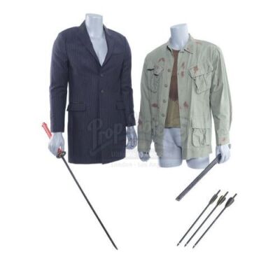 Lot # 86: Marvel's Daredevil (TV Series) - Stick's Bloodied Costume Components and Weaponry with Nobu Yoshioka's Stunt Overcoat and Katana