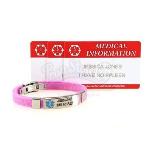 Lot # 216: Marvel's Jessica Jones (TV Series) - Jessica Jones Prototype 'I Have No Spleen' Bracelet and Medical Cards